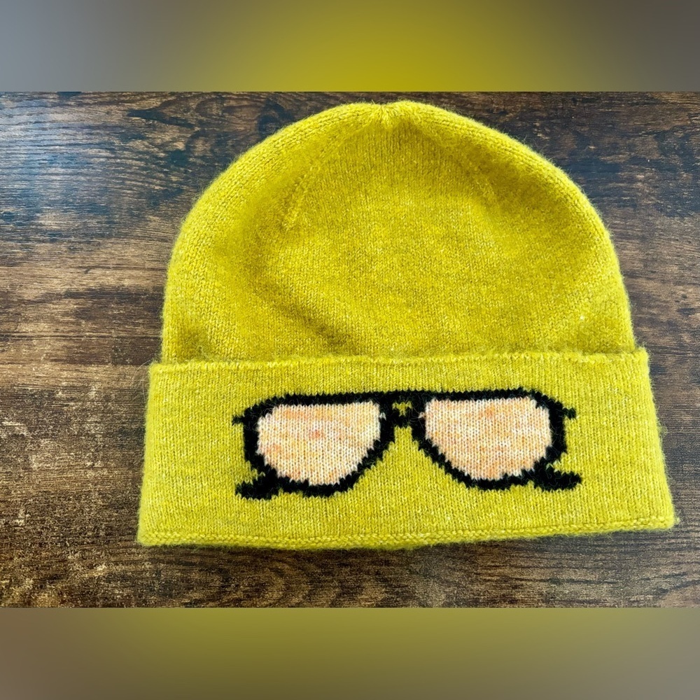 Anthropologie Chartreuse Beanie with Sunglasses Design